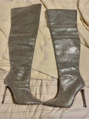 Silver Crystal Knee-High Stiletto Boots - Women